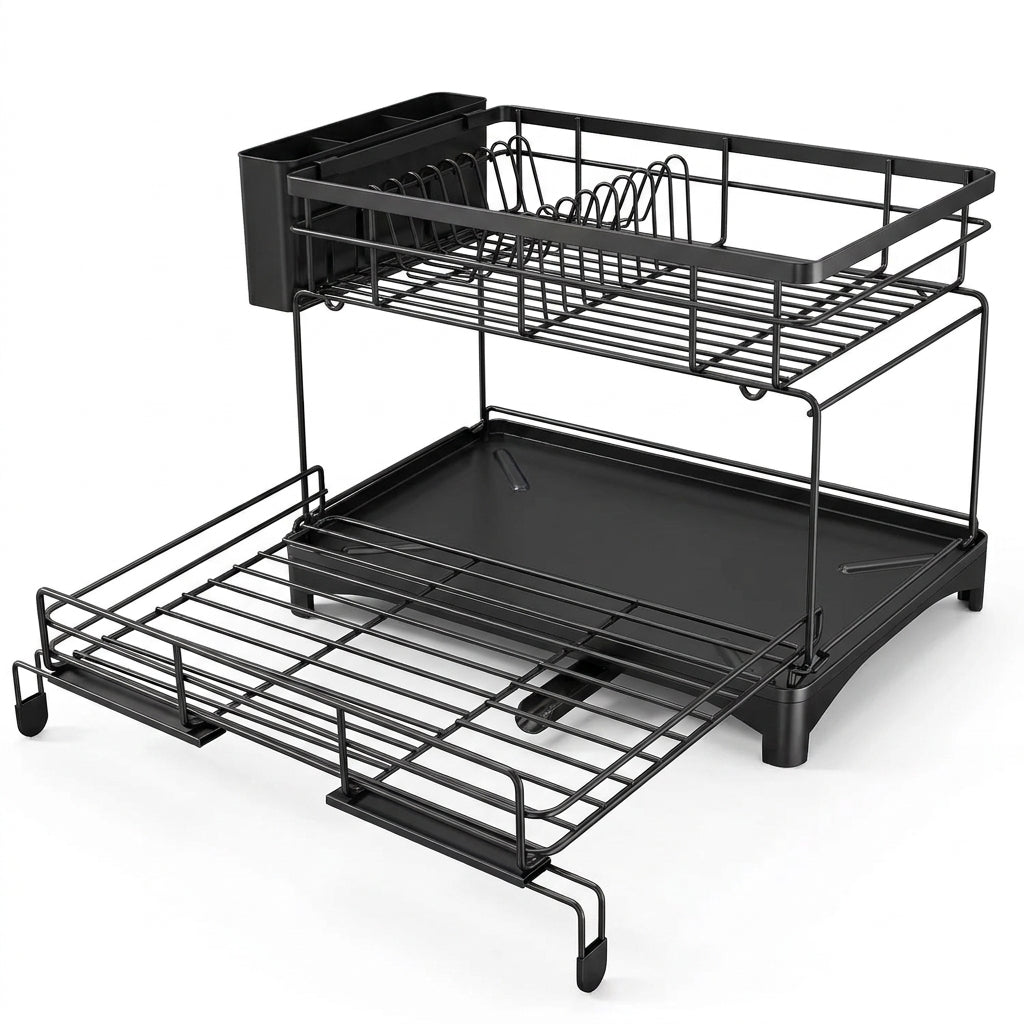 Large Rustproof Iron Dish Drying Rack with Drainboard and 3‑Slot Utensil Holder