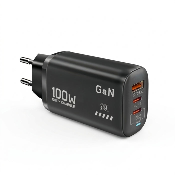 100W GaN USB‑C PD Charger with QC 3.0 — 2x Type‑C + USB‑A, Fast Charge for iPhone 15/16/17 Pro Max, iPad, Samsung & Xiaomi