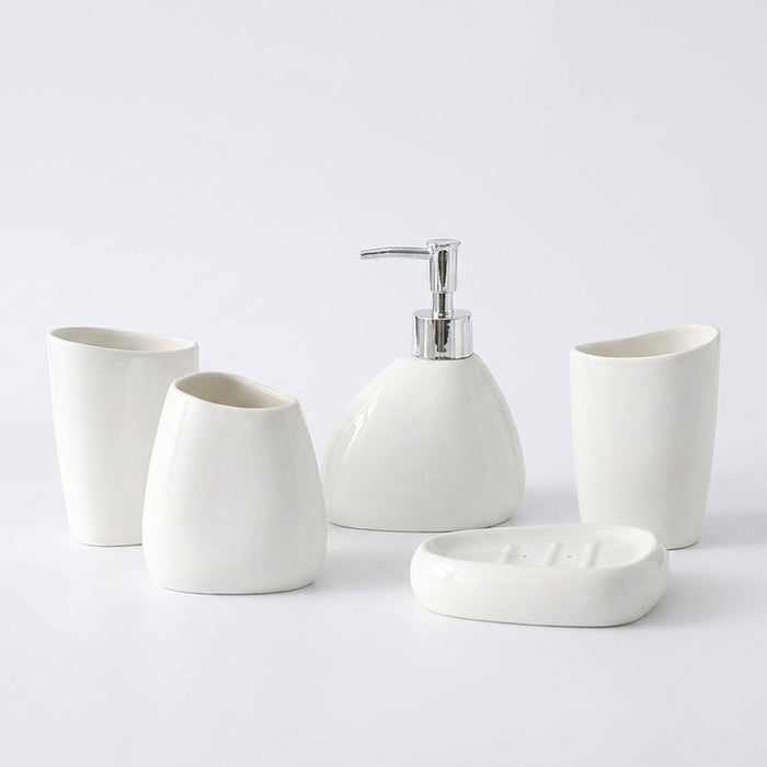 Modern Ceramic Bathroom Accessory Set — 4 or 5 Piece with Pump Dispenser