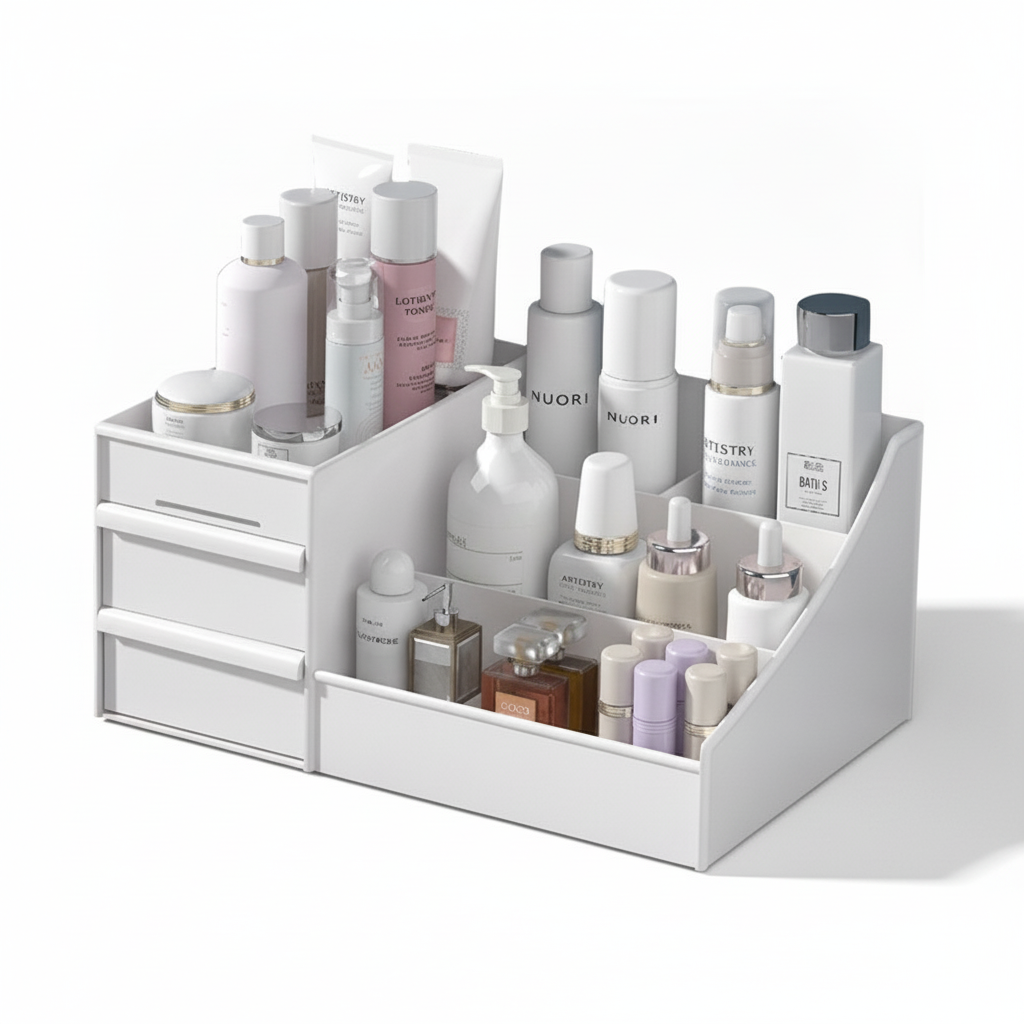 White Plastic Makeup Storage Box with 9 Compartments