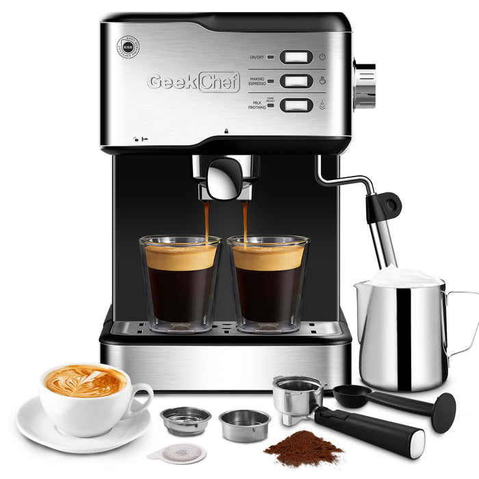 Geek Chef 950W Espresso Machine: 20-Bar Pump Latte & Cappuccino Maker with 1.5L Water Tank - Compatible with ESE POD Capsules Filter