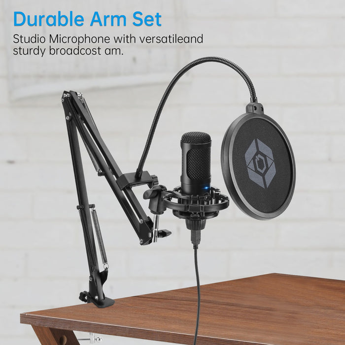 USB Microphone Studio Condenser Kit with Adjustable Scissor Arm Stand and Mic Gain Knob Shock Mount for Instruments - Perfect for Voice Overs, Streaming, Broadcasting and YouTube Videos
