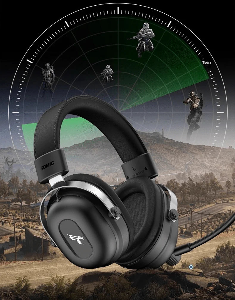Manufacturer illustration of the Commander headset with a directional sound field over a game landscape