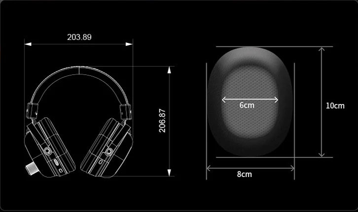 Ear-pad size diagram showing approximately 10cm height, 8cm outer width and 6cm inner width