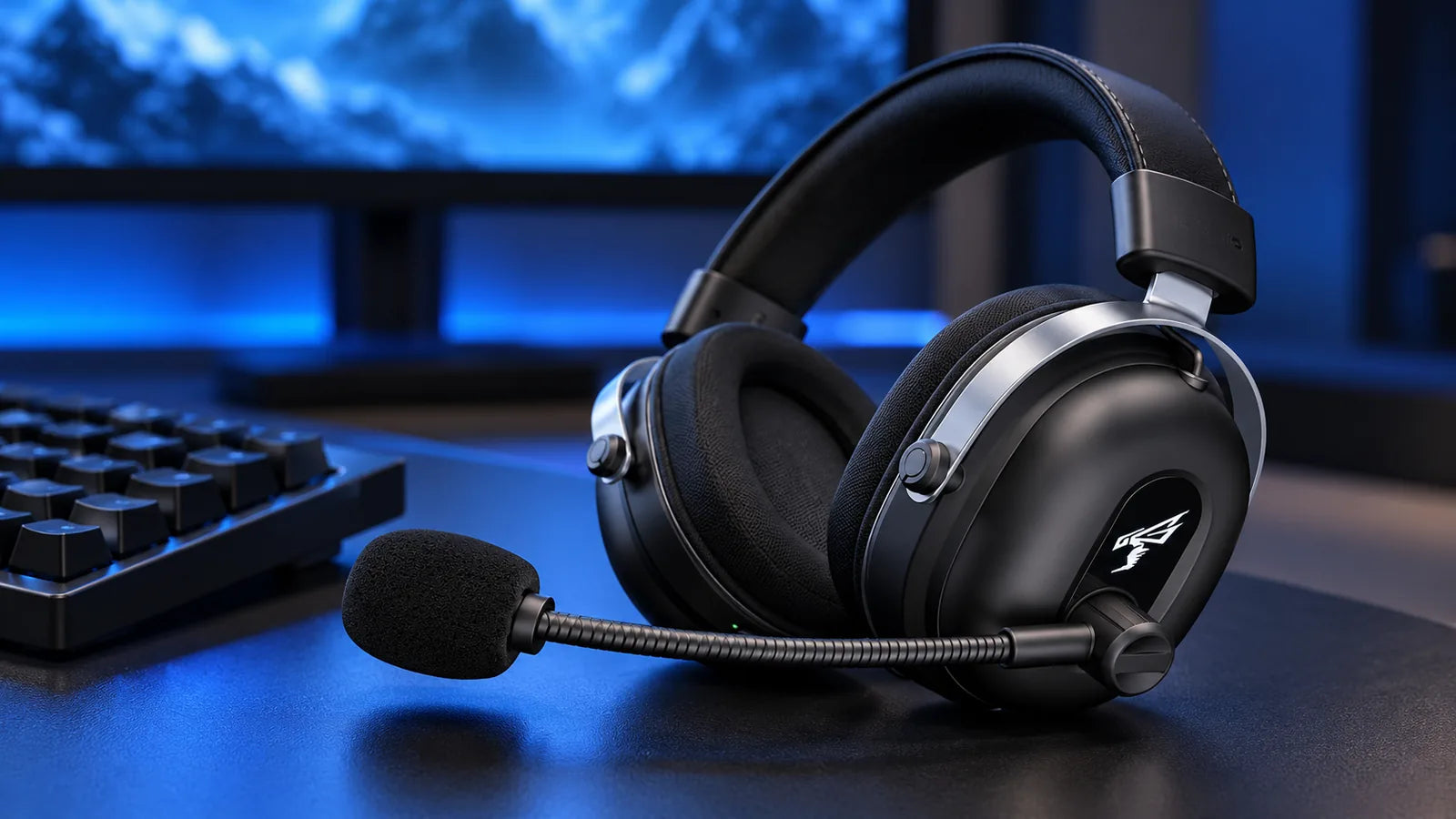 Commander wireless headset beside a keyboard in a softly blue-lit gaming setup